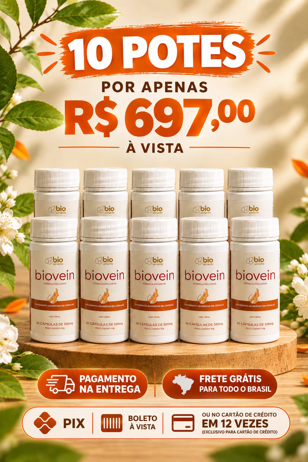 Oferta do kit com 10 potes do Biovein